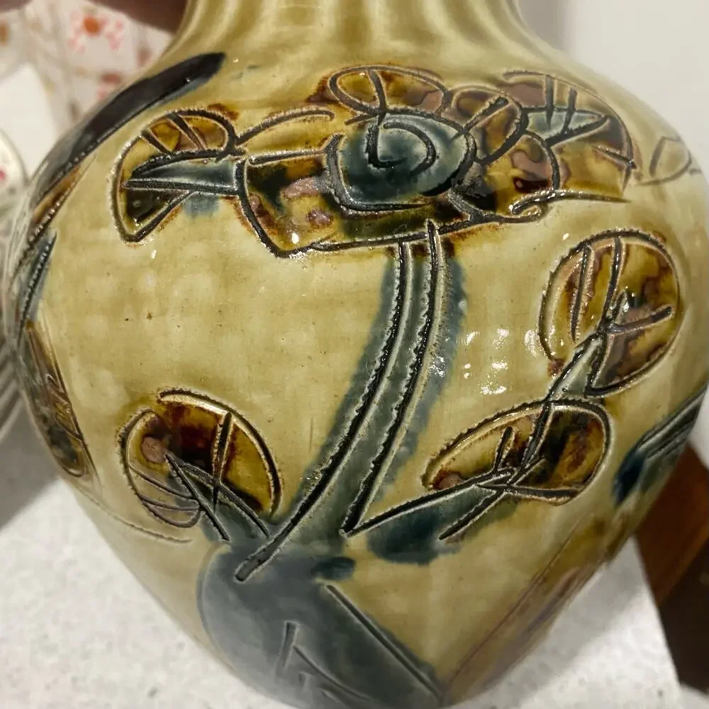 Vintage Mid Century Art Pottery Vase Drip Glaze Incised Brutalist Okinawa Japan